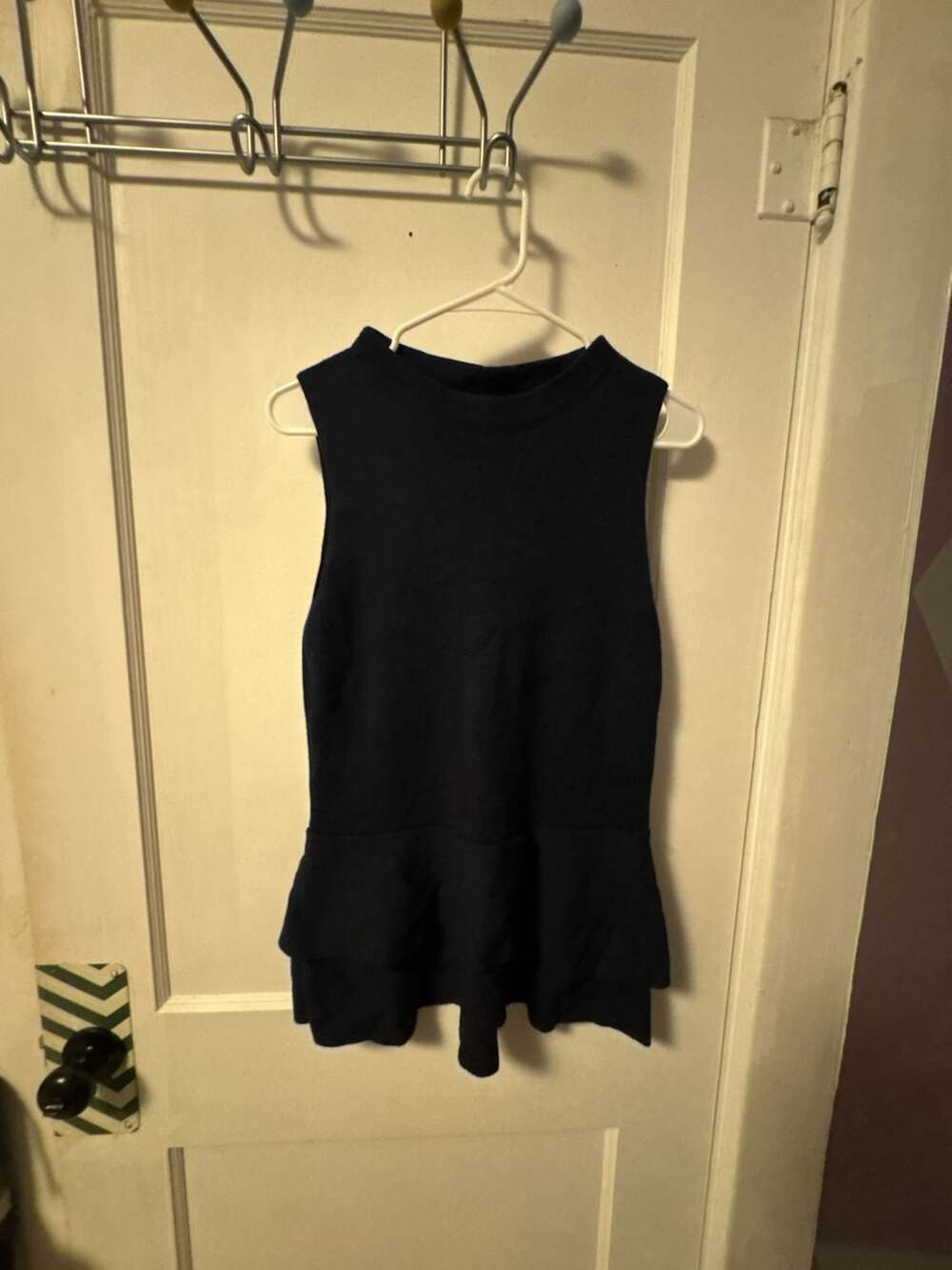 Banana Republic Women's Navy Blue Sleeveless Mock Neck Tiered Peplum Knit Top